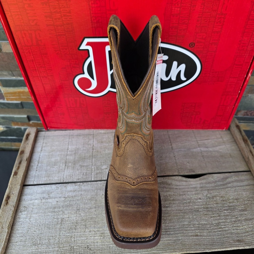Justin Boots INJI Brown Water Buffalo Wide Square Toe Boots Size 6B GY9984 NEW - Picture 15 of 16